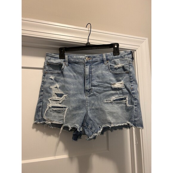 American Eagle Jean Shorts Womens 16 Blue Curvy Hi-Rise Shortie Distressed Denim - Picture 1 of 10